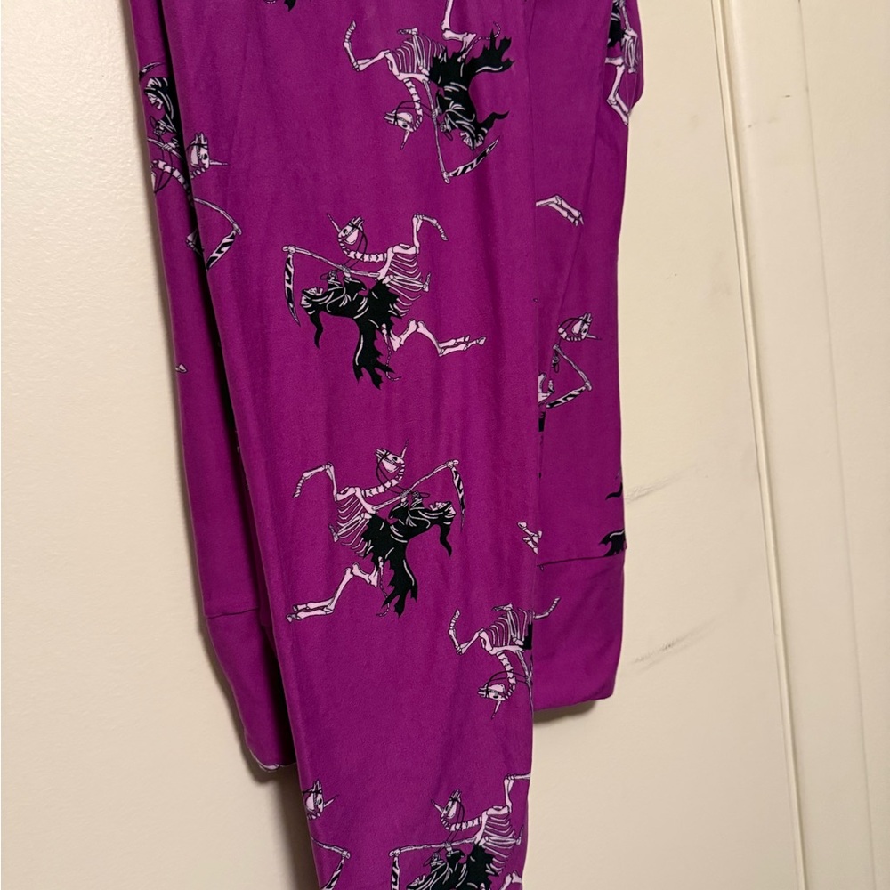 LuLaRoe Leggings Vibrant Purple with Grim Reaper riding a Unicorn